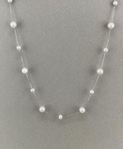 Pearls by the Yard Necklace: Freshwater Pearl Station Necklace in Rhodium Plated Sterling Silver | Adjustable 16-18'' | Bridal Necklace