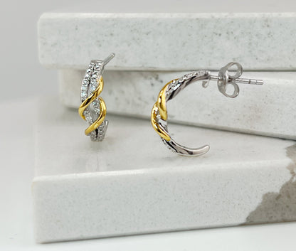 Two-Tone Twisted Moissanite J-Hoop Earrings: 14K Gold & Sterling Silver