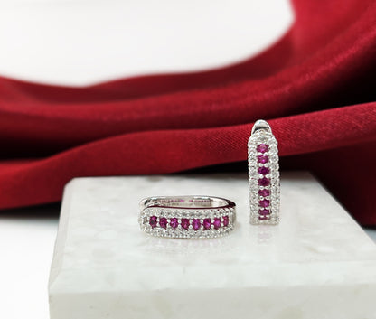 Ruby Huggie Earrings: Rhodium-Plated Sterling Silver, Small Hoop Earrings