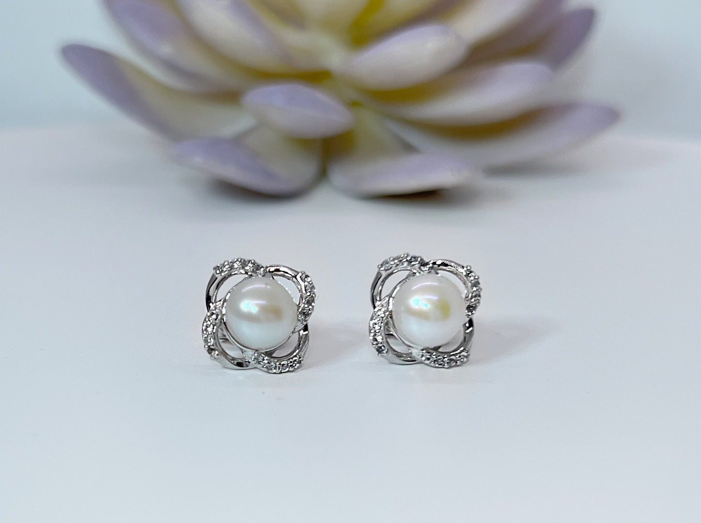 Moissanite and Pearl Flower Stud Earrings, Sterling Silver