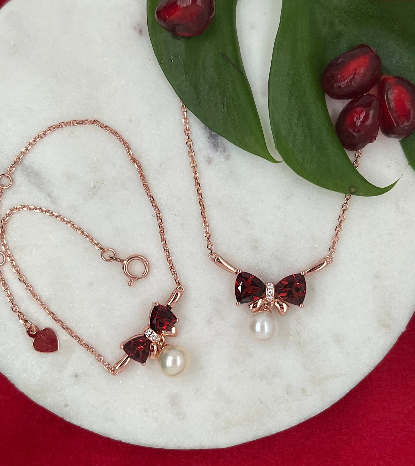 Rose Gold Bow Necklace: Garnet & Freshwater Pearl Pendant, Sterling Silver