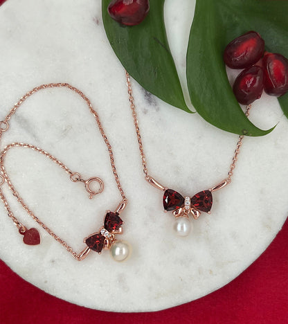 Rose Gold Bow Necklace: Garnet & Freshwater Pearl Pendant, Sterling Silver