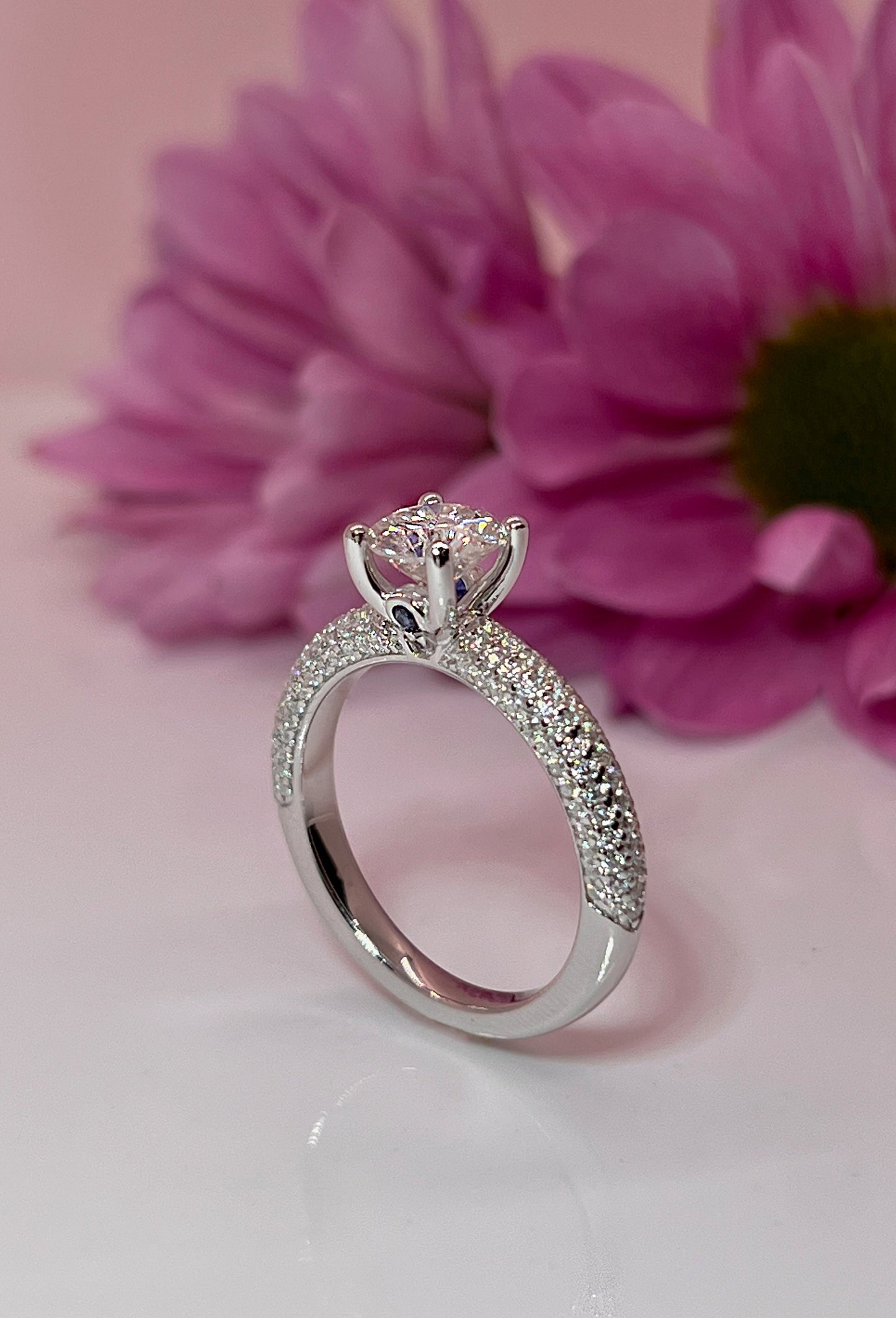 1 Ct VVS1 Moissanite Engagement Ring: Rhodium Plated Sterling Silver Pavé Band