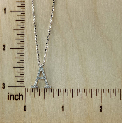 Moissanite Initial Necklace: Rhodium Plated Sterling Silver Letter Pendant