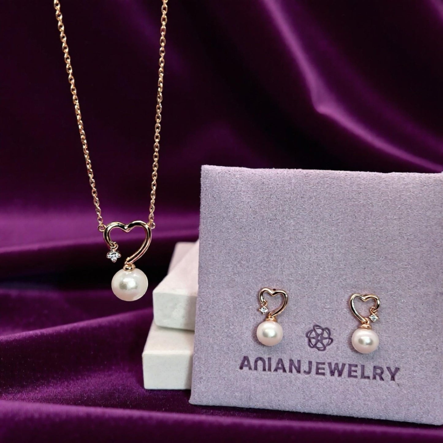 Moissanite Pearl Heart Earrings: 14K Rose Gold Plated Sterling Silver