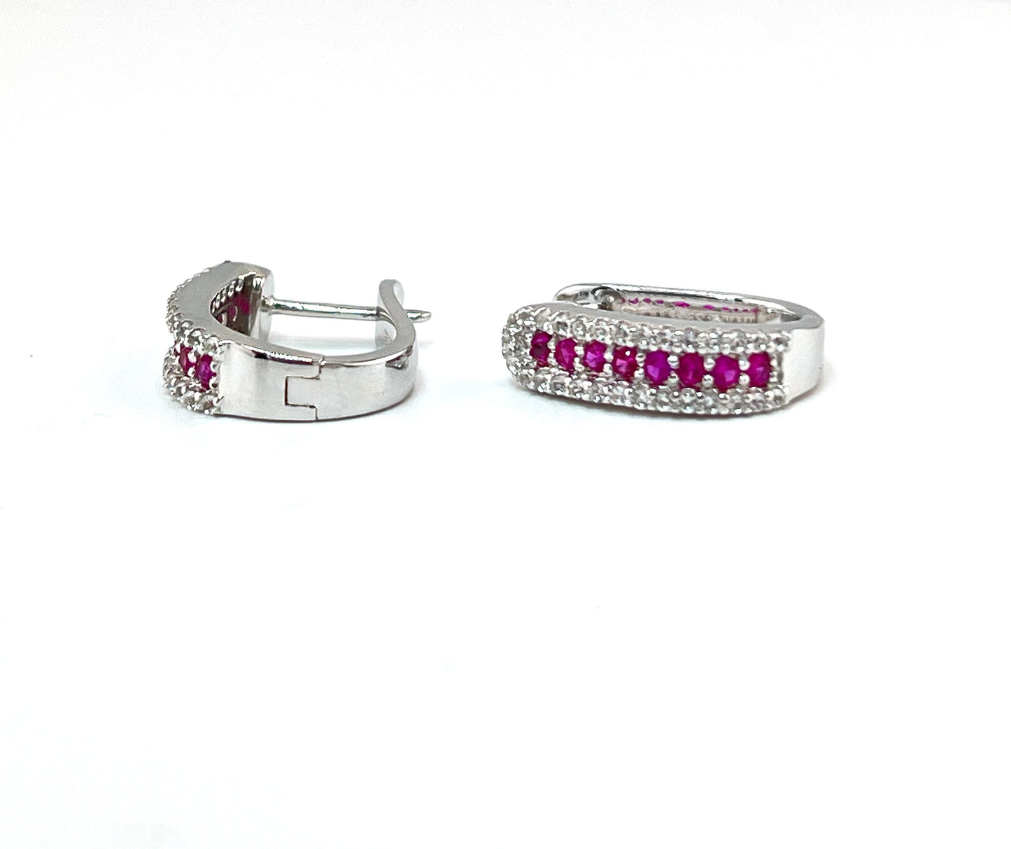 Ruby Huggie Earrings: Rhodium-Plated Sterling Silver, Small Hoop Earrings