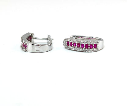 Ruby Huggie Earrings: Rhodium-Plated Sterling Silver, Small Hoop Earrings
