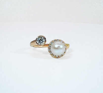 Moissanite & Pearl Ring: Yellow Gold Sterling Silver Bypass Ring