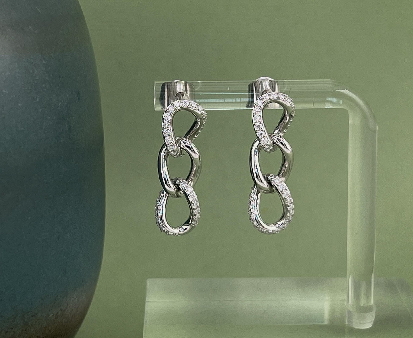 Moissanite Chain Link Earrings: Rhodium Plated Sterling Silver Dangle
