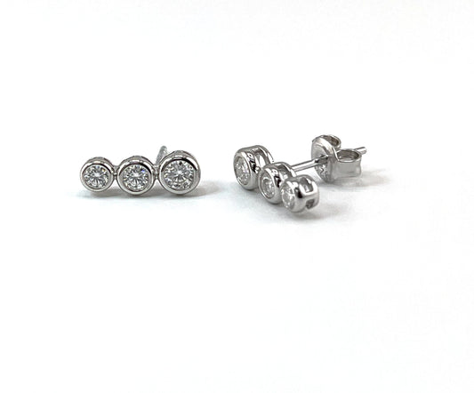 VVS1 Moissanite Stud Earrings: Rhodium Plated Sterling Silver Bezel Bar
