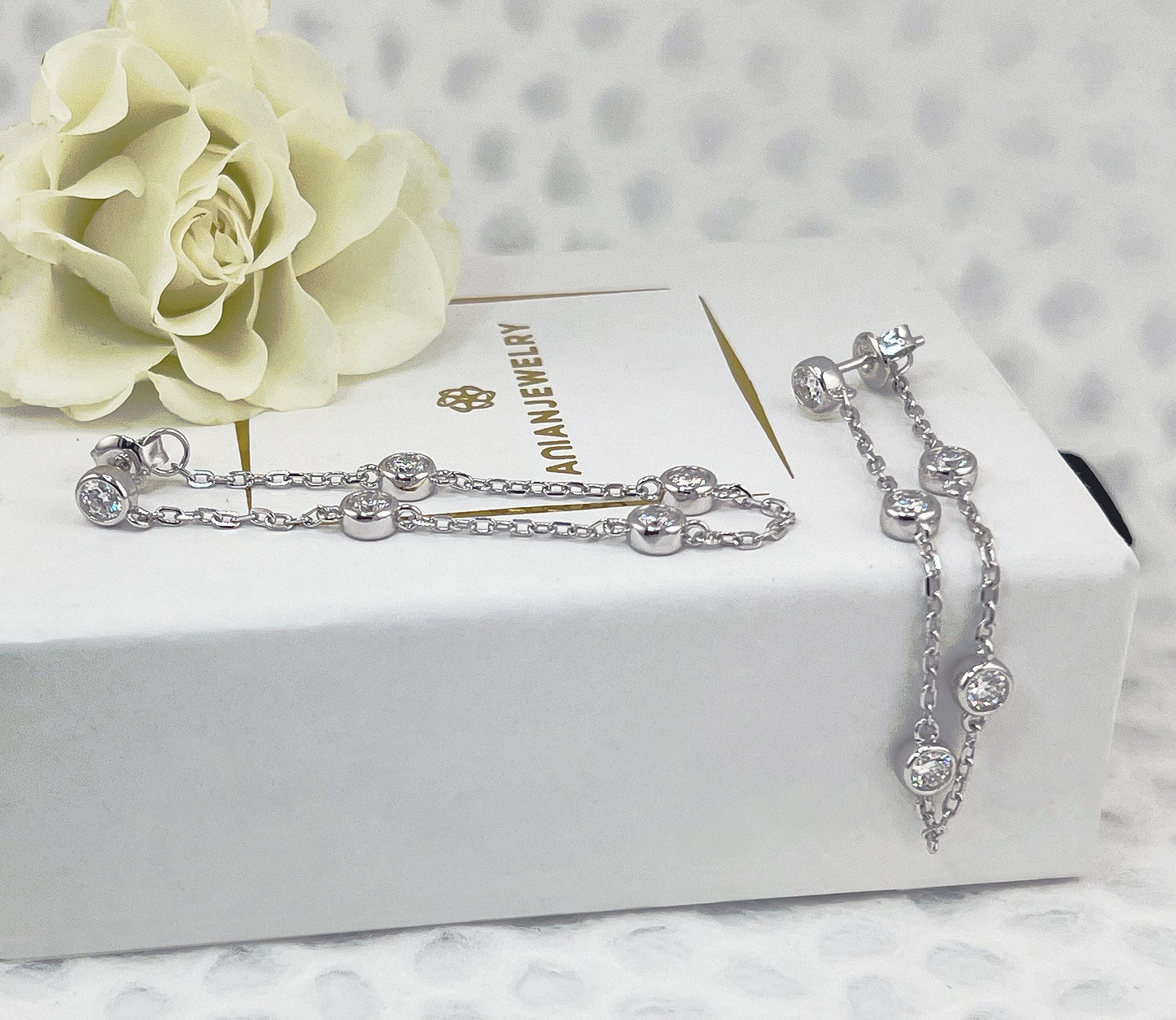 Moissanite Threader Earrings: Rhodium Plated Sterling Silver Chain Drop Earrings