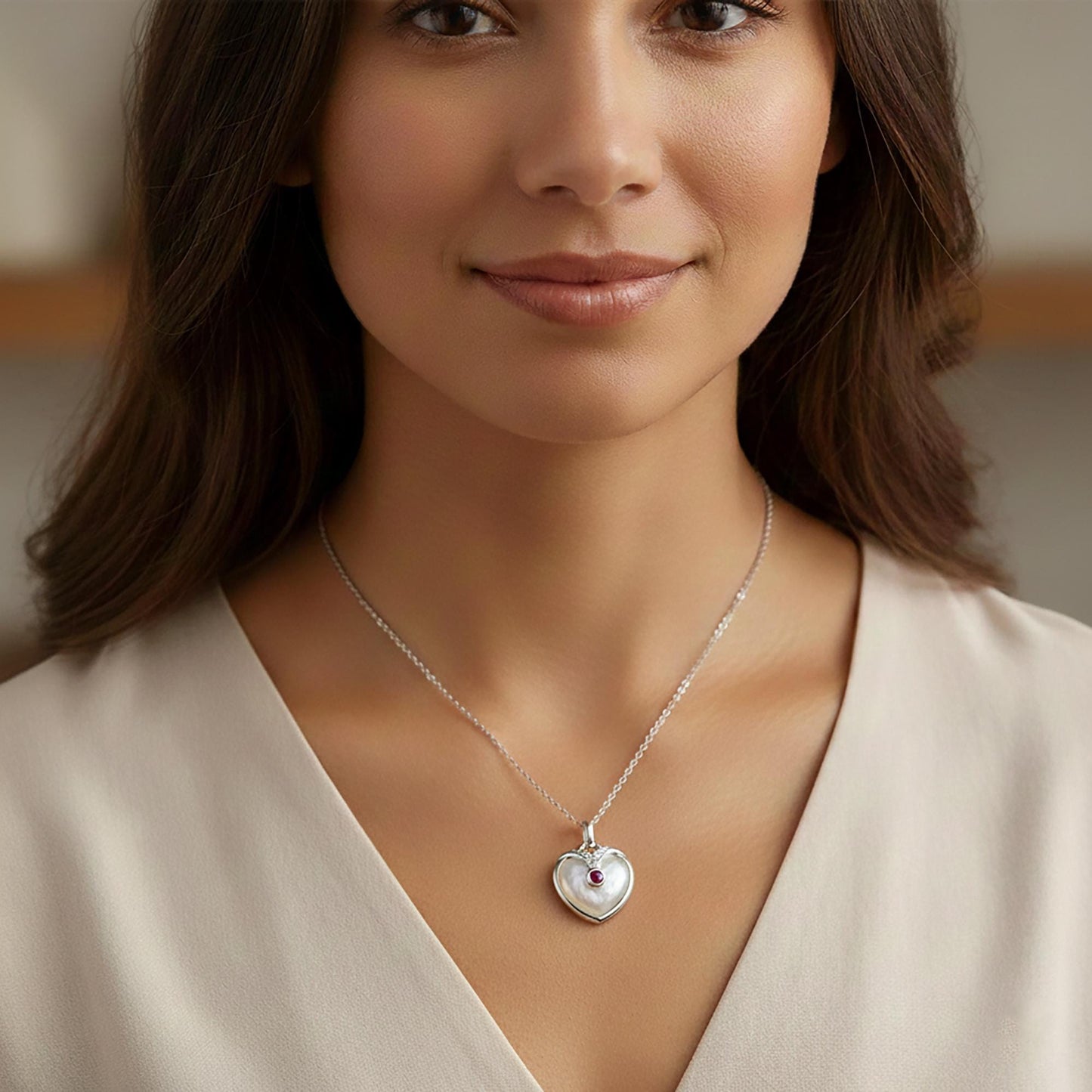 Mother of Pearl Heart Necklace: Sterling Silver, Ruby or Emerald, White Sapphire Pendant