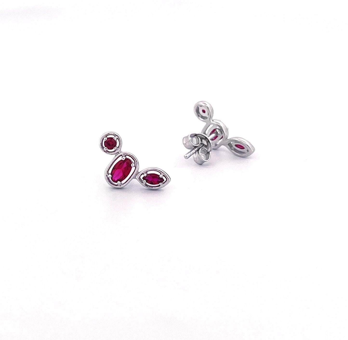Ruby Ear Climber Stud Earrings: Rhodium Plated Sterling Silver