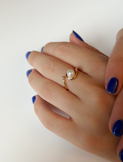 Freshwater Pearl Moissanite Bypass Ring, 14K Gold Plated Sterling Silver