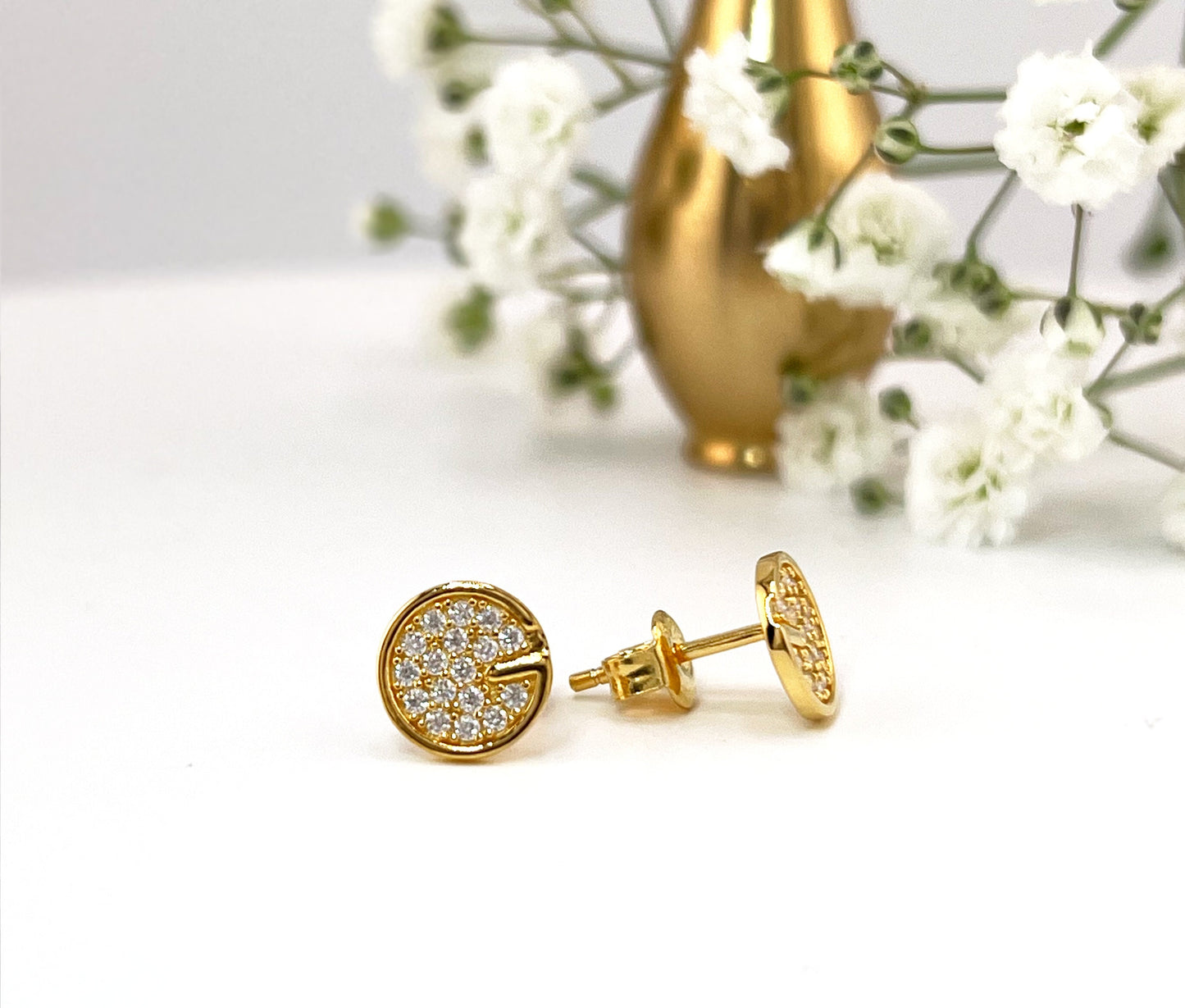 Moissanite Pavé Disc Earrings: 18K Gold Plated Sterling Silver Studs