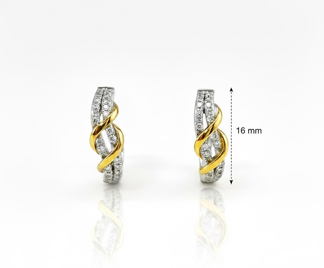 Two-Tone Twisted Moissanite J-Hoop Earrings: 14K Gold & Sterling Silver