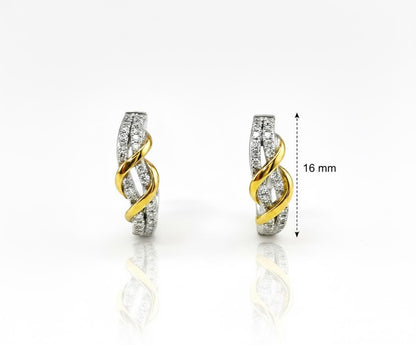Two-Tone Twisted Moissanite J-Hoop Earrings: 14K Gold & Sterling Silver