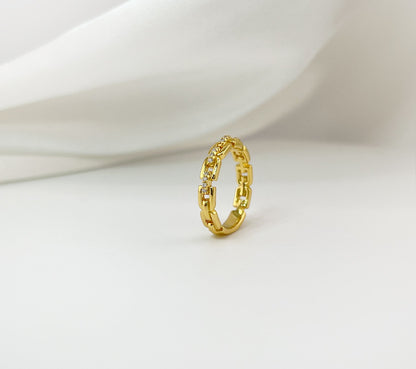 Moissanite Chain Link Ring: 18K Gold Plated Sterling Silver
