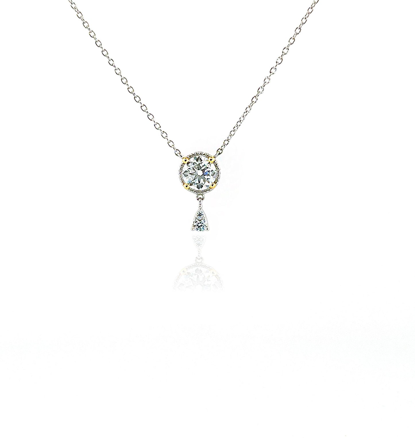 1.0Ct Certified VVS1 Moissanite Necklace: Two Tone Halo Drop, Sterling Silver