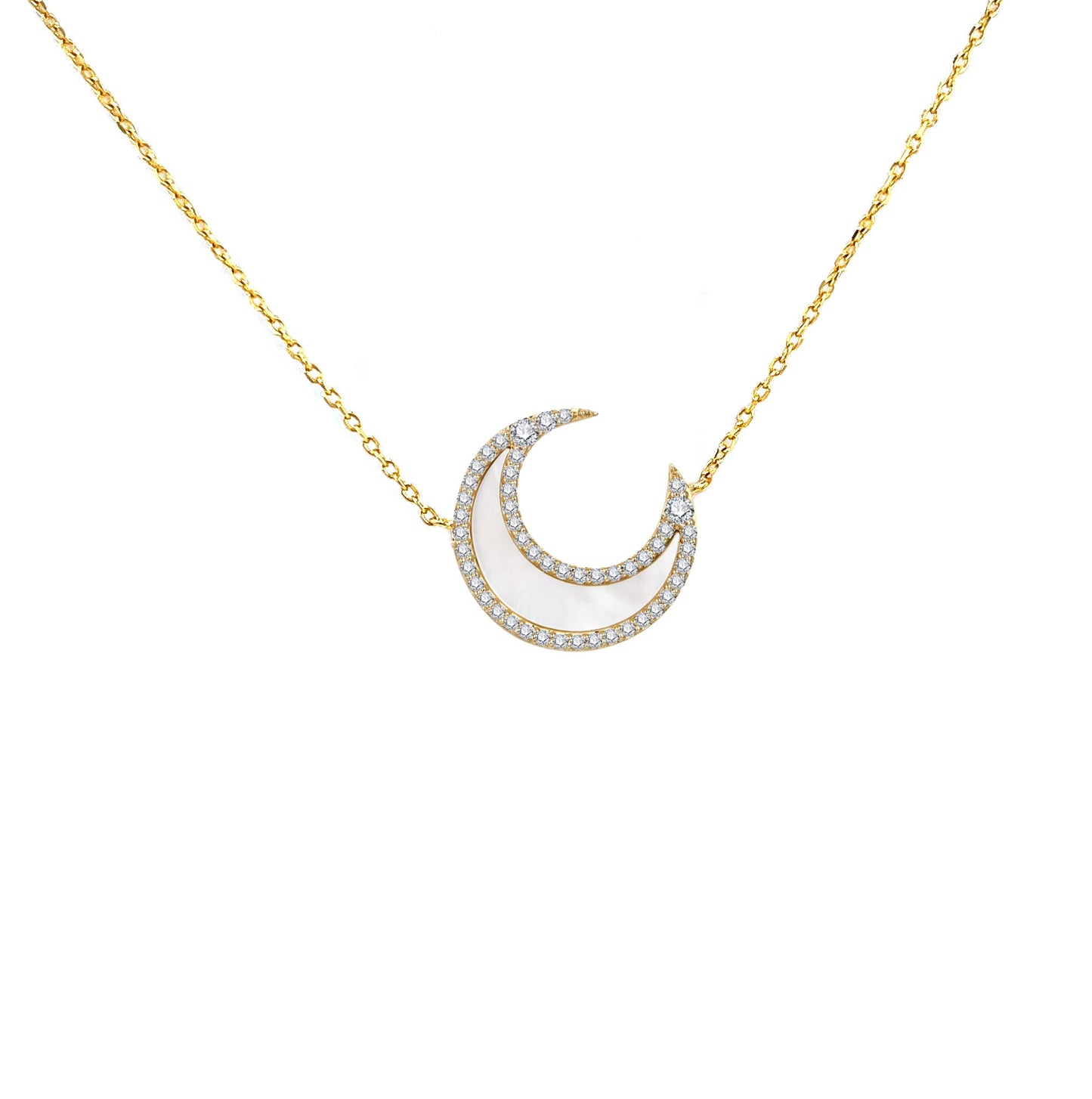 Moissanite Crescent Moon Necklace: 14K Gold Plated Sterling Silver, Mother-of-Pearl Pendant