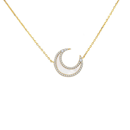 Moissanite Crescent Moon Necklace: 14K Gold Plated Sterling Silver, Mother-of-Pearl Pendant
