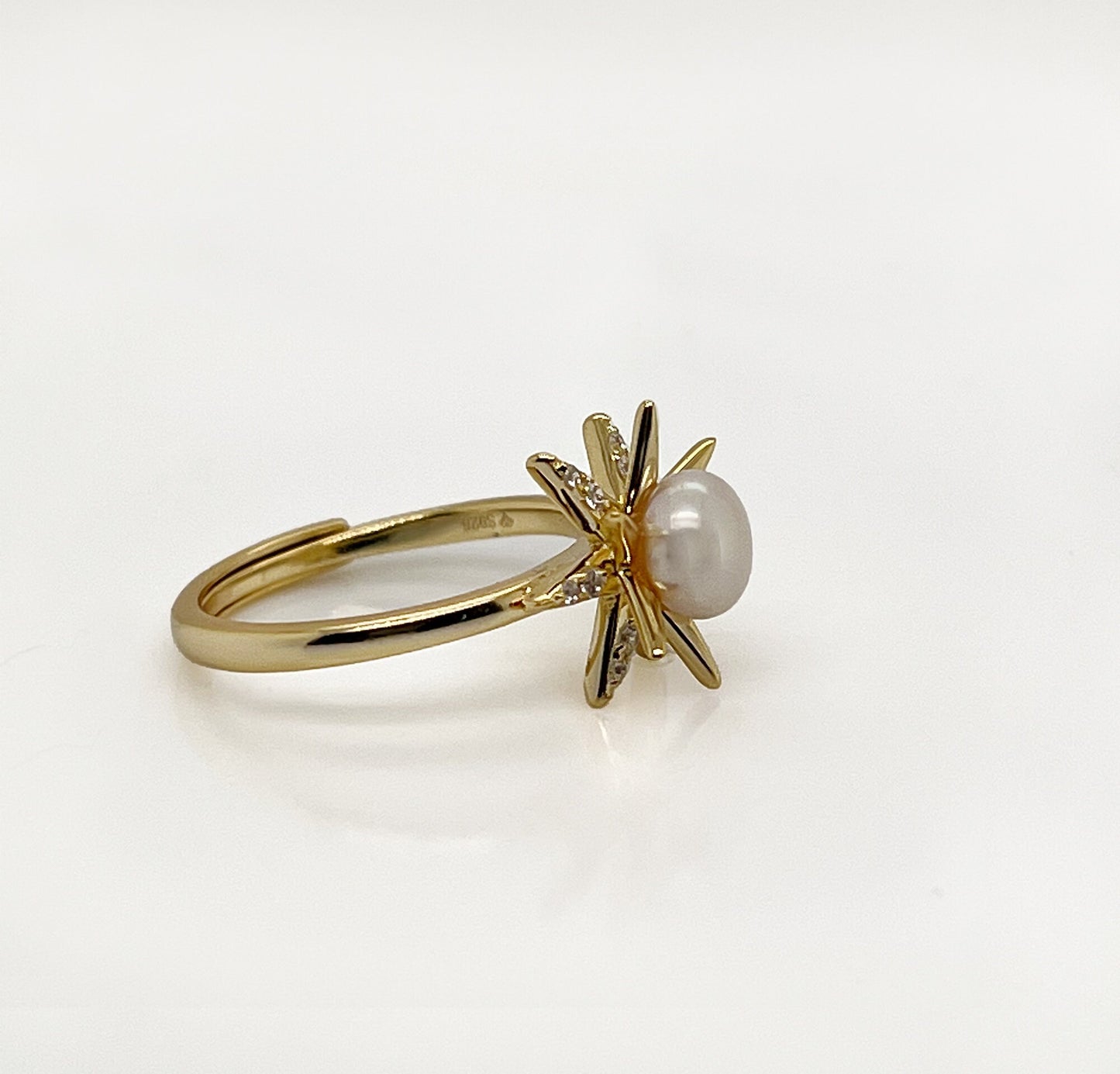 Freshwater Pearl Ring: Yellow Gold Plated Sterling Silver CZ Starburst, Adjustable
