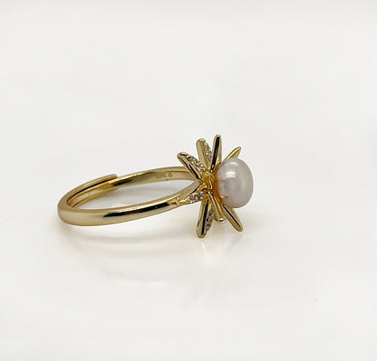 Freshwater Pearl Ring: Yellow Gold Plated Sterling Silver CZ Starburst, Adjustable