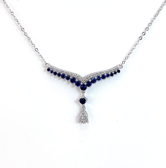 Teardrop Sapphire Necklace: Rhodium Plated Sterling Silver V Collar