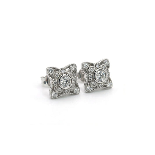 14K White Gold Diamond Stud Earrings: Flower Halo, VS1-H, 0.50 TCW