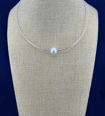 Floating Pearl Necklace: Rhodium Plated Sterling Silver Wire, Minimalist Jewelry