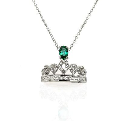 Emerald Crown Necklace: Rhodium Plated Sterling Silver, White Sapphire Pendant