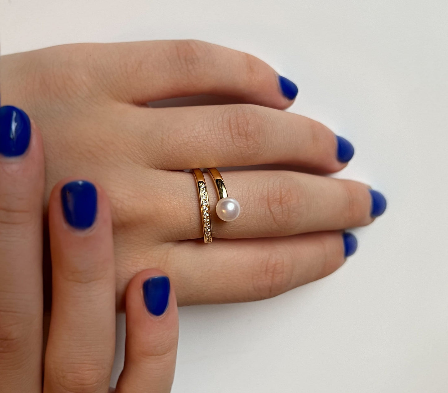 Moissanite Freshwater Pearl Ring: 14K Gold Sterling Silver Spiral