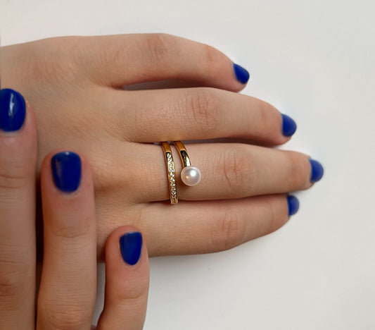 Moissanite Freshwater Pearl Ring: 14K Gold Sterling Silver Spiral