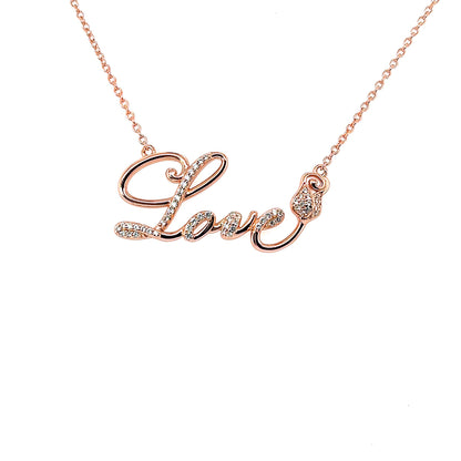 Rose Gold Love Script Necklace: White Sapphire Sterling Silver Pendant