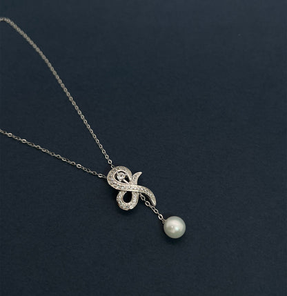 Moissanite Bow Necklace: Sterling Silver Pearl Dangle Bridal Pendant
