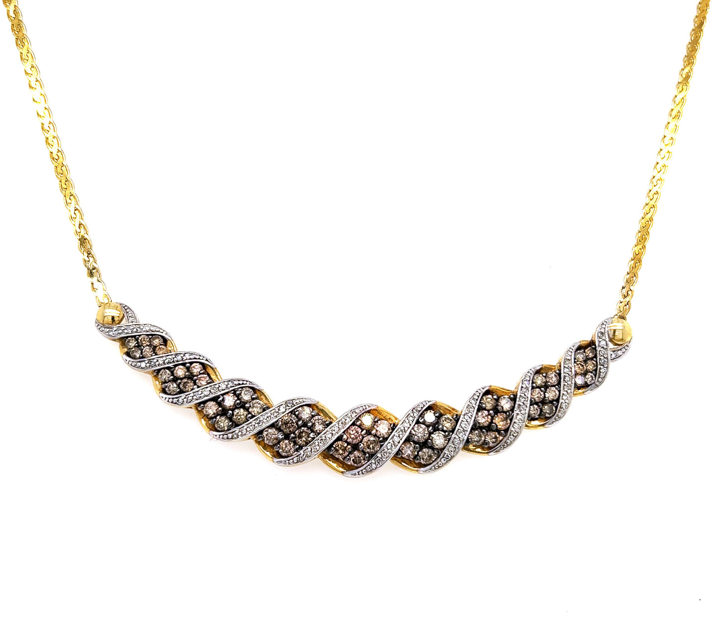 Vintage 14K Yellow Gold Chevron Necklace: 2Ct Champagne & White Diamond V Pendant