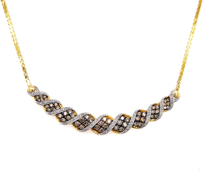 Vintage 14K Yellow Gold Chevron Necklace: 2Ct Champagne & White Diamond V Pendant