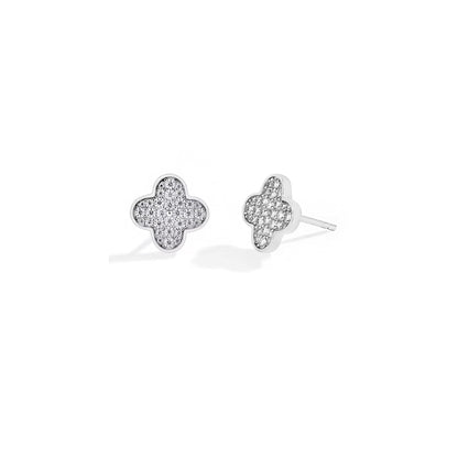 Moissanite Clover Stud Earrings: Rhodium Plated Sterling Silver Floral Earstuds