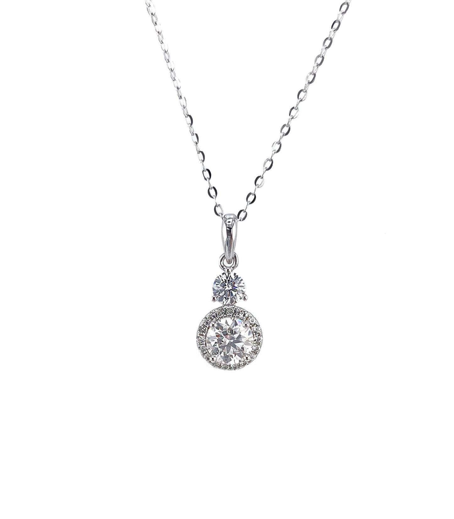 1.5CTW VVS1 Moissanite Halo Necklace: Rhodium Plated Sterling Silver Pendant