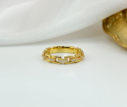 Moissanite Chain Link Ring: 18K Gold Plated Sterling Silver