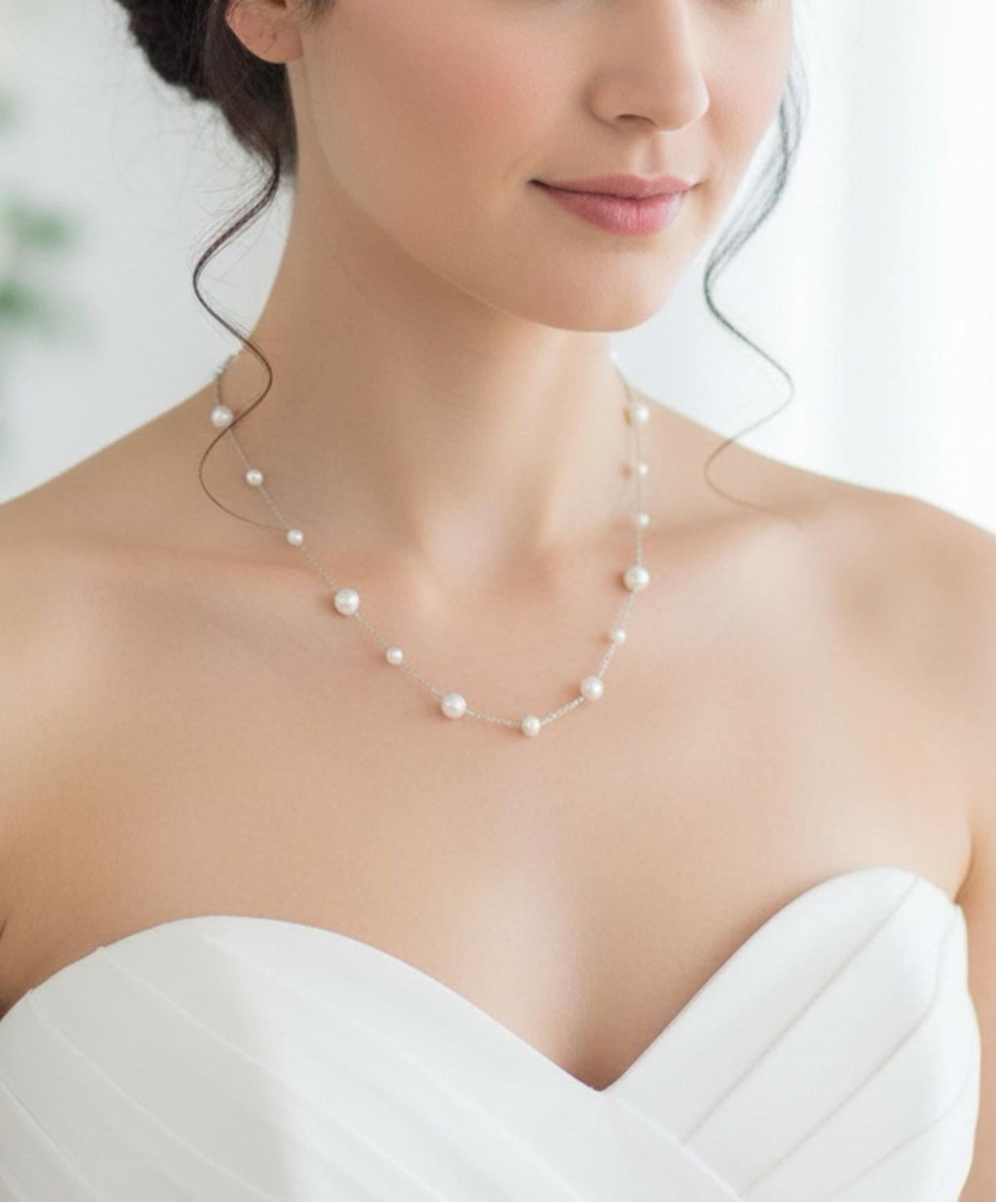 Pearls by the Yard Necklace: Freshwater Pearl Station Necklace in Rhodium Plated Sterling Silver | Adjustable 16-18'' | Bridal Necklace
