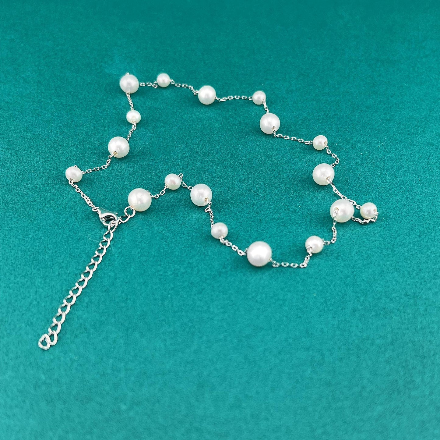 Pearls by the Yard Necklace: Freshwater Pearl Station Necklace in Rhodium Plated Sterling Silver | Adjustable 16-18'' | Bridal Necklace