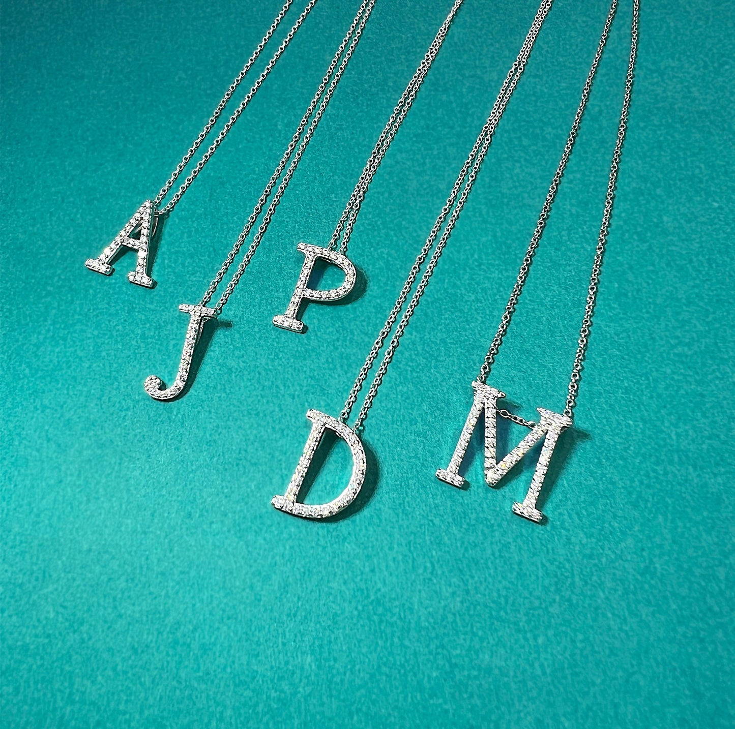 Moissanite Initial Necklace: Rhodium Plated Sterling Silver Letter Pendant