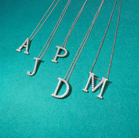Moissanite Initial Necklace: Rhodium Plated Sterling Silver Letter Pendant