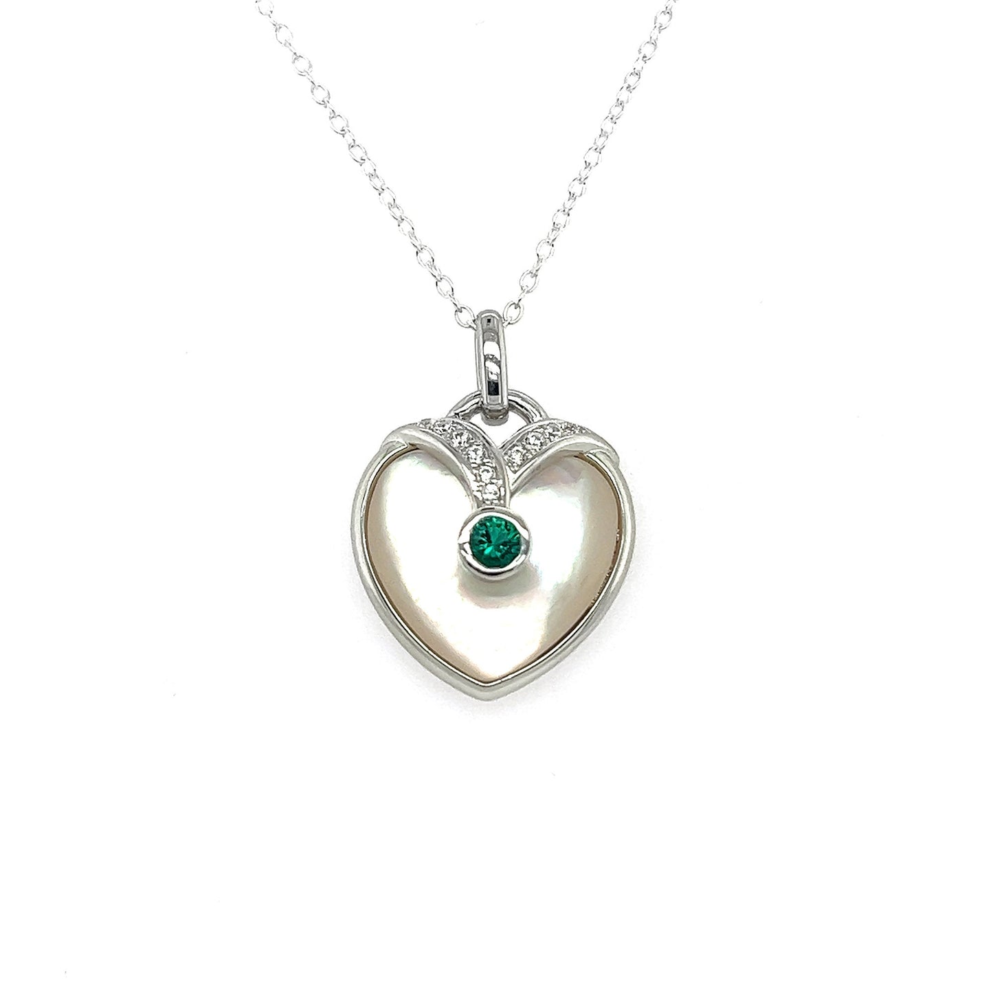 Mother of Pearl Heart Necklace: Sterling Silver, Ruby or Emerald, White Sapphire Pendant