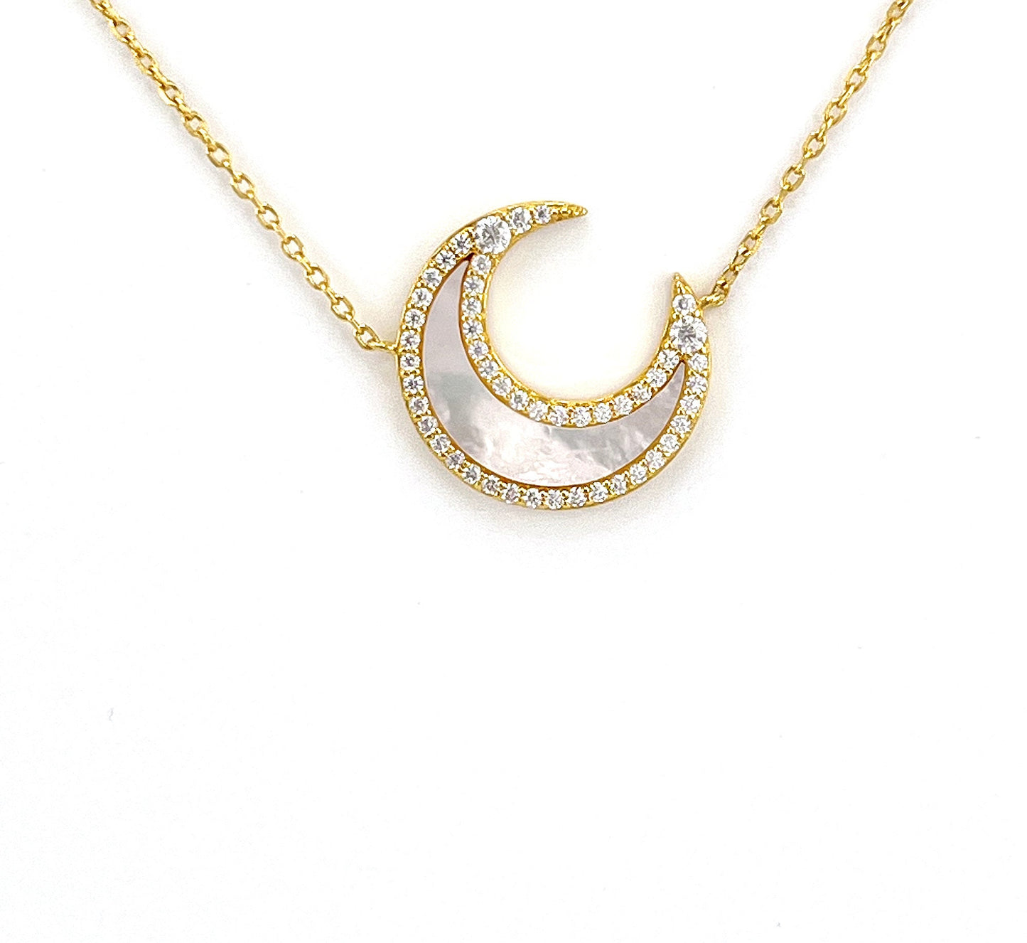 Moissanite Crescent Moon Necklace: 14K Gold Plated Sterling Silver, Mother-of-Pearl Pendant