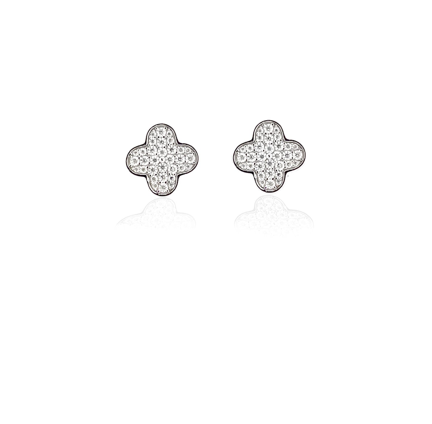 Moissanite Clover Stud Earrings: Rhodium Plated Sterling Silver Floral Earstuds