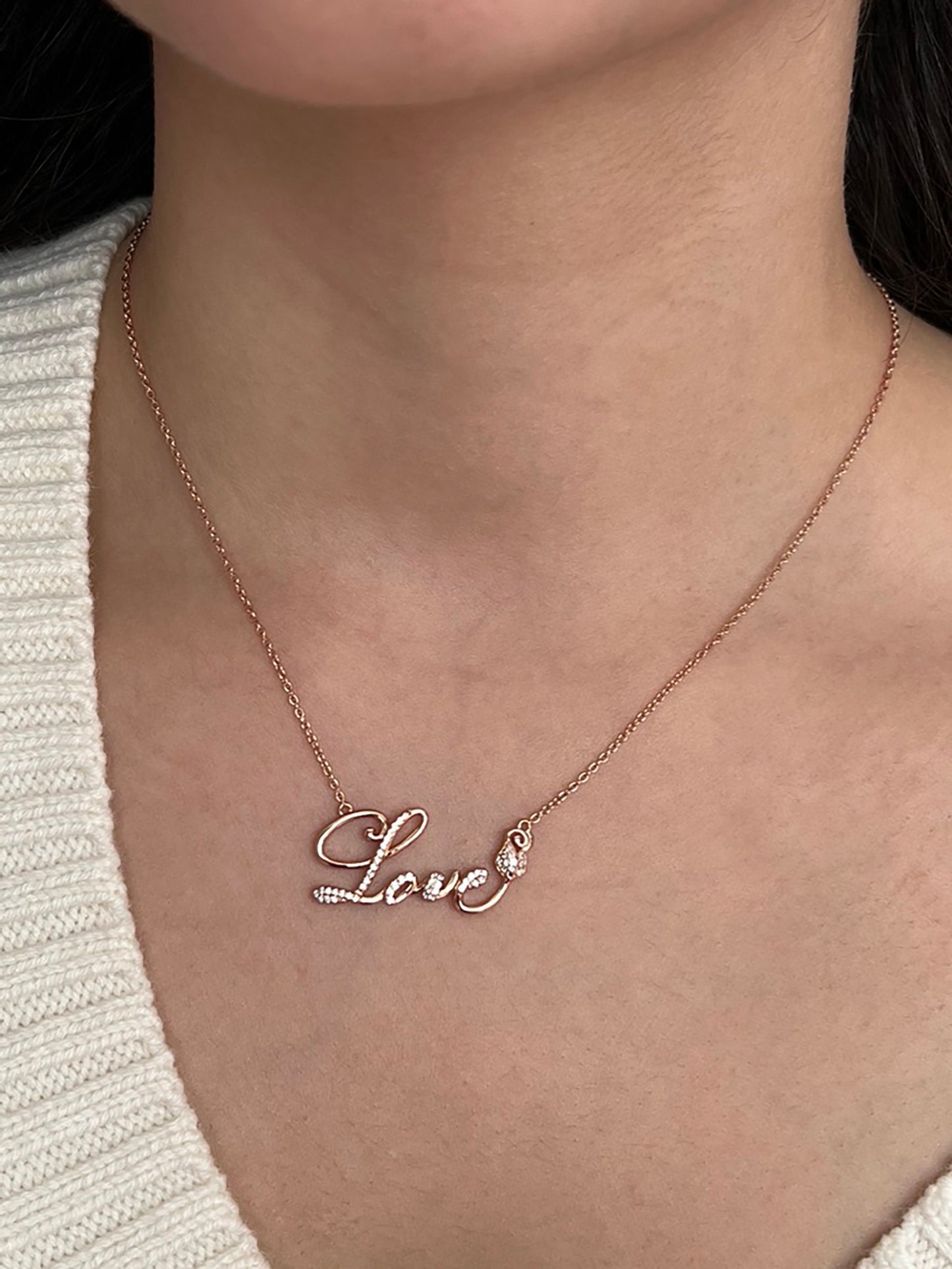 Rose Gold Love Script Necklace: White Sapphire Sterling Silver Pendant