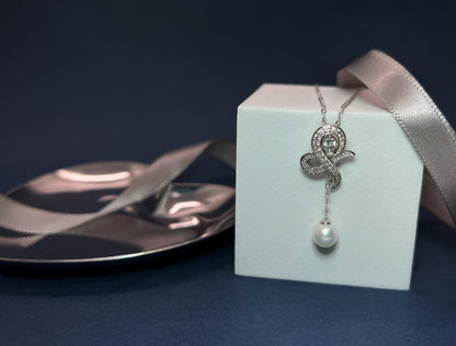 Moissanite Bow Necklace: Sterling Silver Pearl Dangle Bridal Pendant
