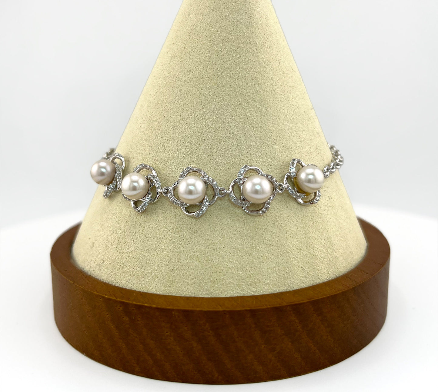 Moissanite Flower Bracelet: Freshwater Pearl, Rhodium Sterling Silver Bridal Jewelry